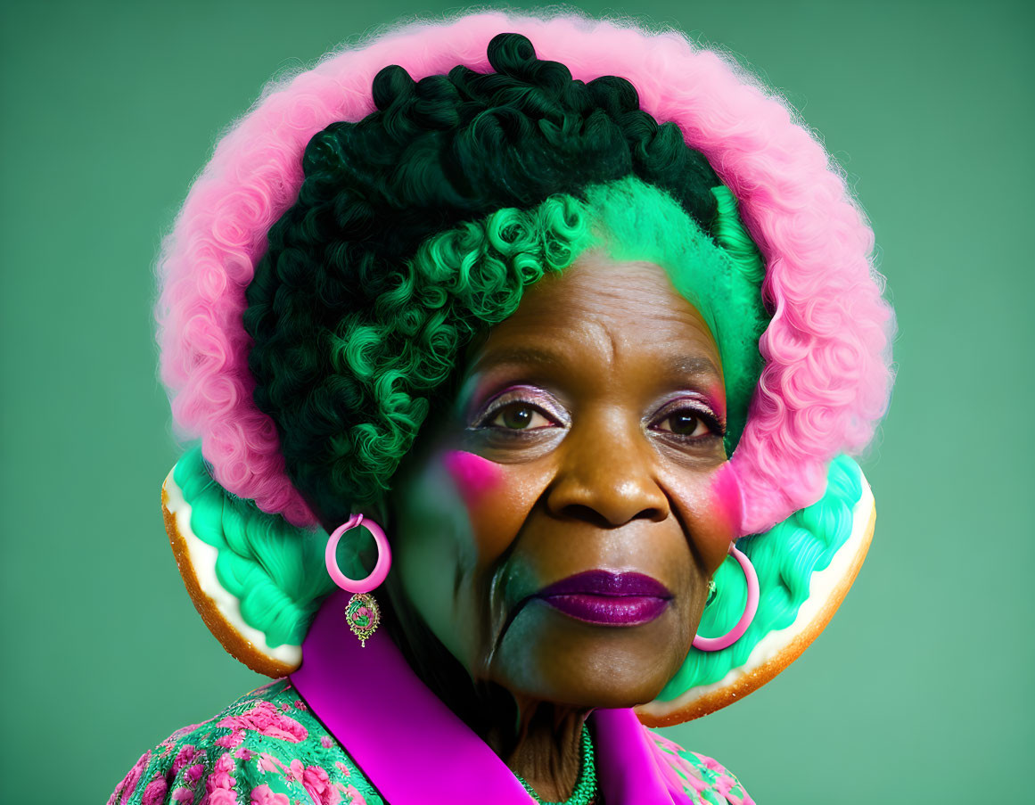 Colorful Elderly Woman with Afro Hairstyle and Vibrant Makeup