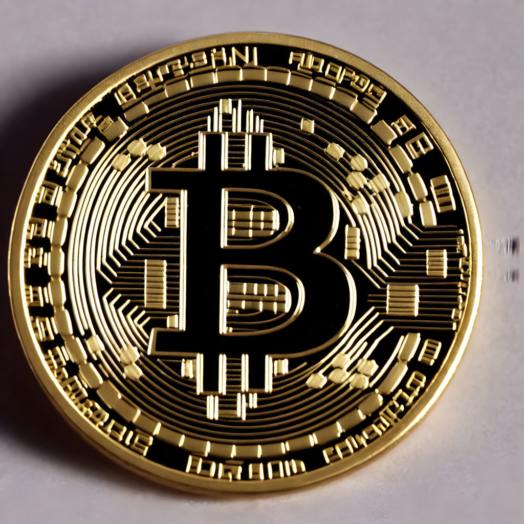 Physical Bitcoin token with gold and black details and "B" symbol close-up