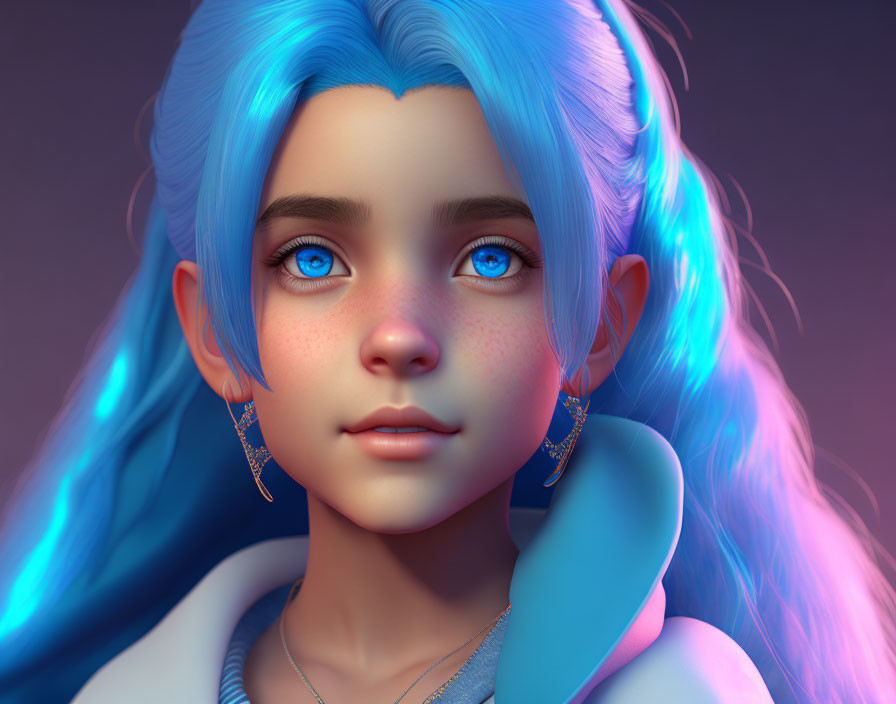 Vibrant 3D illustration of young girl with blue hair and eyes