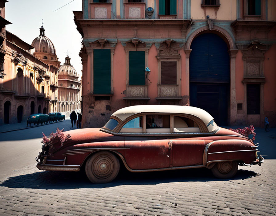 Classic Red Car Parked in European Town with Historic Buildings