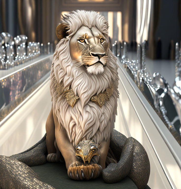 White lion with golden mane reclines in luxurious setting