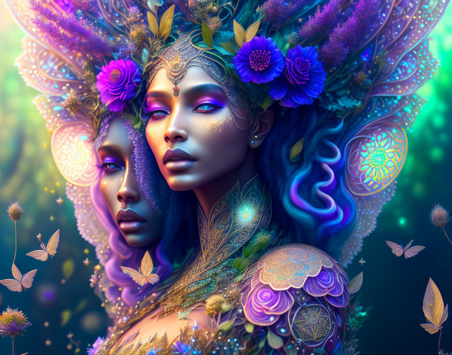 Ethereal women with vibrant floral headdresses in mystical setting