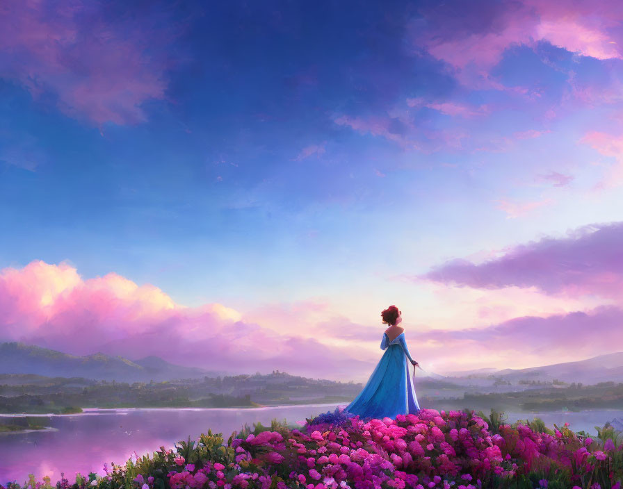 Person in Blue Gown by Tranquil Lake and Pink Flowers