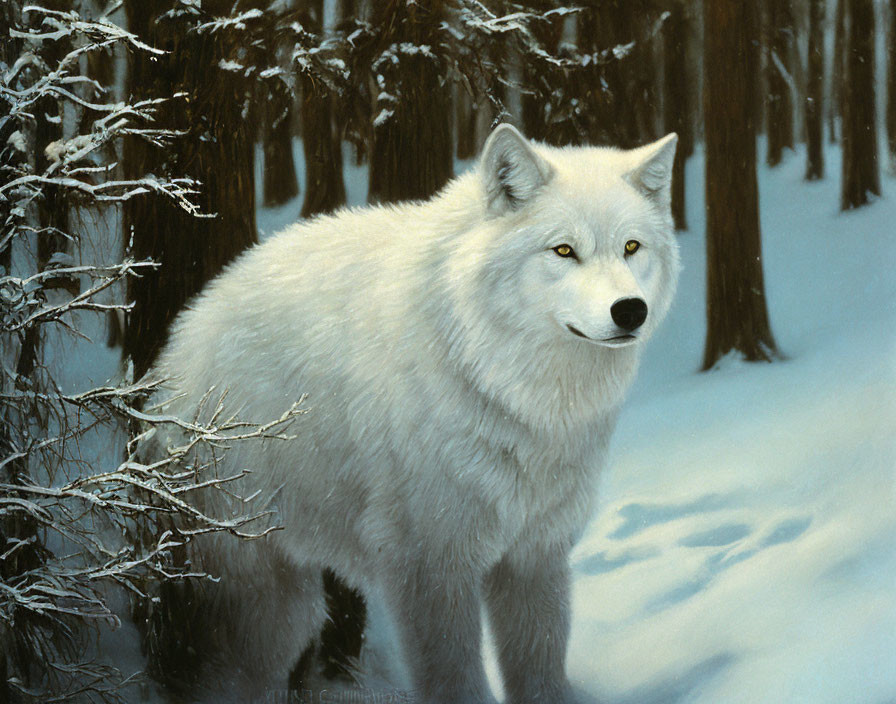 White wolf in snowy forest with bare trees and frosted branches