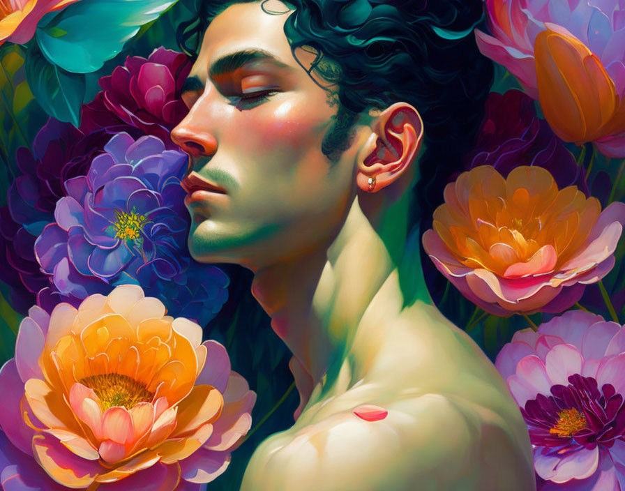 Person with Closed Eyes Surrounded by Colorful Flowers in Peaceful Scene