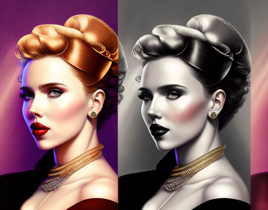 Split image of woman with retro hairstyle: vibrant colors on one side, grayscale on the other, both