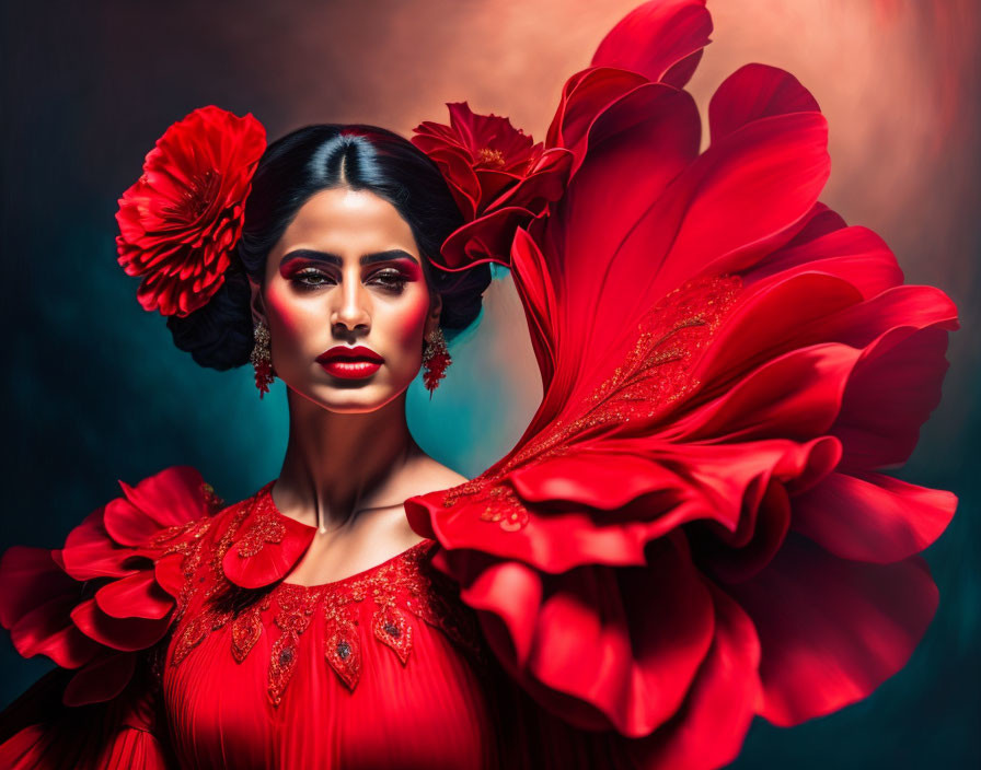 Woman in Bold Makeup and Red Gown with Flower Accents on Smoky Background