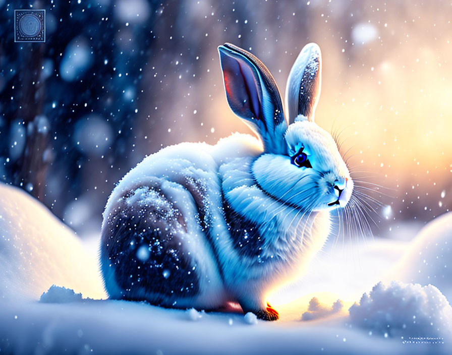 Blue-eyed rabbit in snow with falling snowflakes and soft glow.