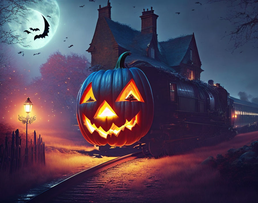 Glowing jack-o'-lantern on train tracks with spooky house, bats, and full moon