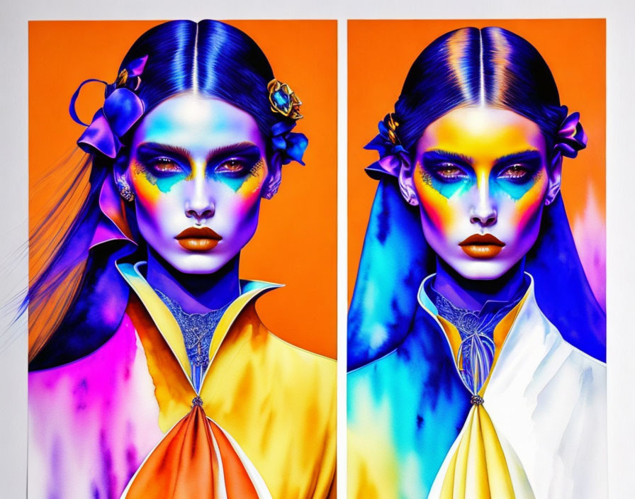 Symmetrical digital illustration: Two female faces with colorful makeup and abstract floral designs