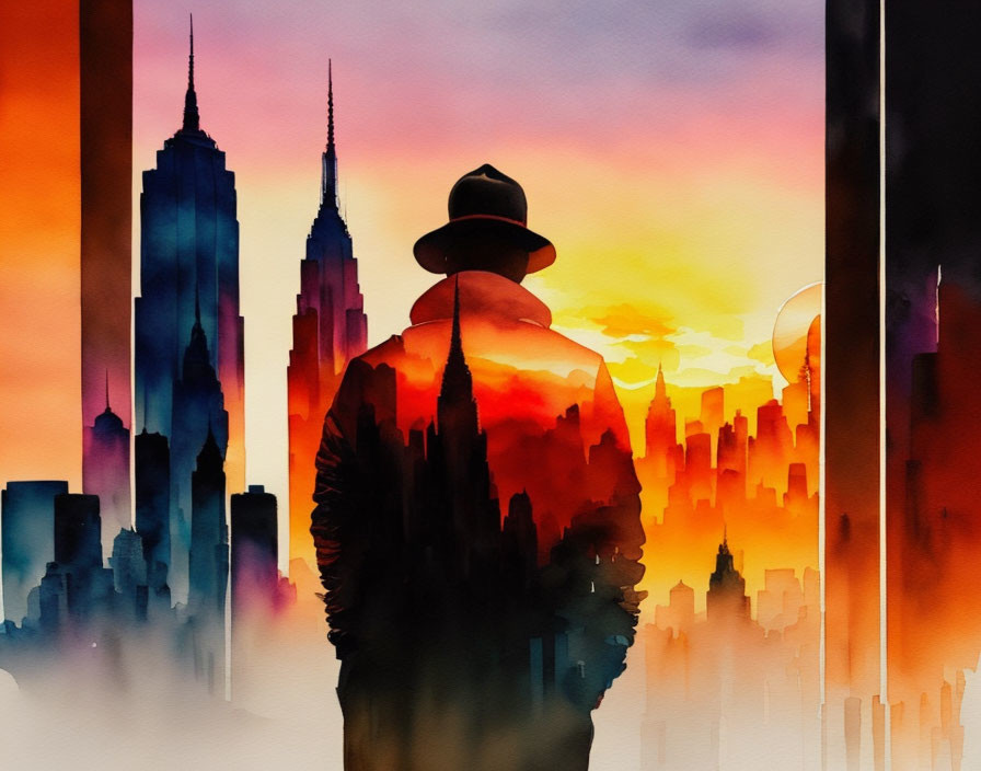 Silhouetted figure in hat against vibrant cityscape at sunset