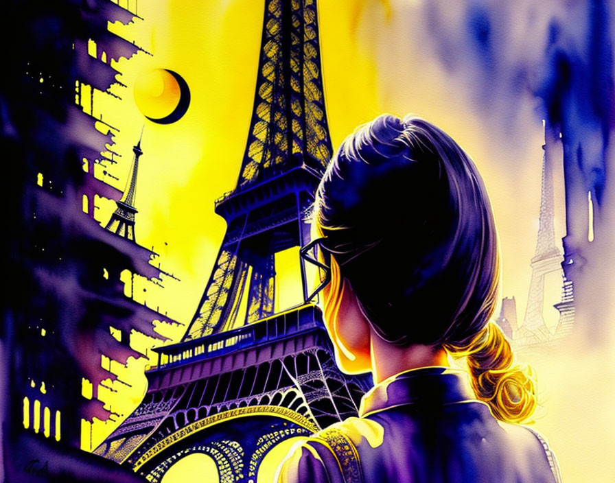 Illustration of woman looking at Eiffel Tower with eclipse and Parisian silhouettes on vibrant