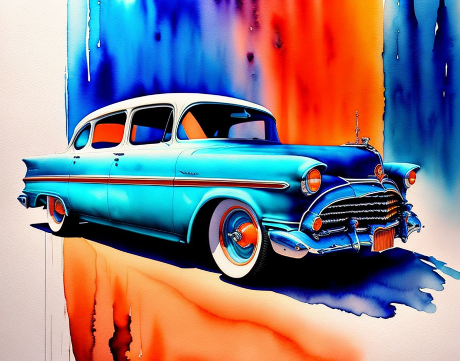 Colorful Digital Art: Classic Blue Car with Chrome Details on Abstract Background