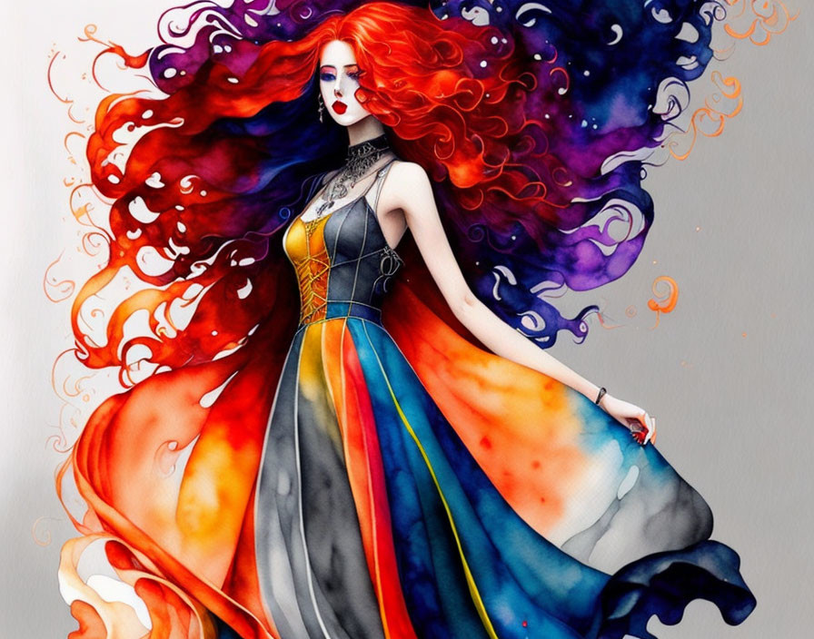 Colorful artwork: Woman with flowing hair in watercolor dress