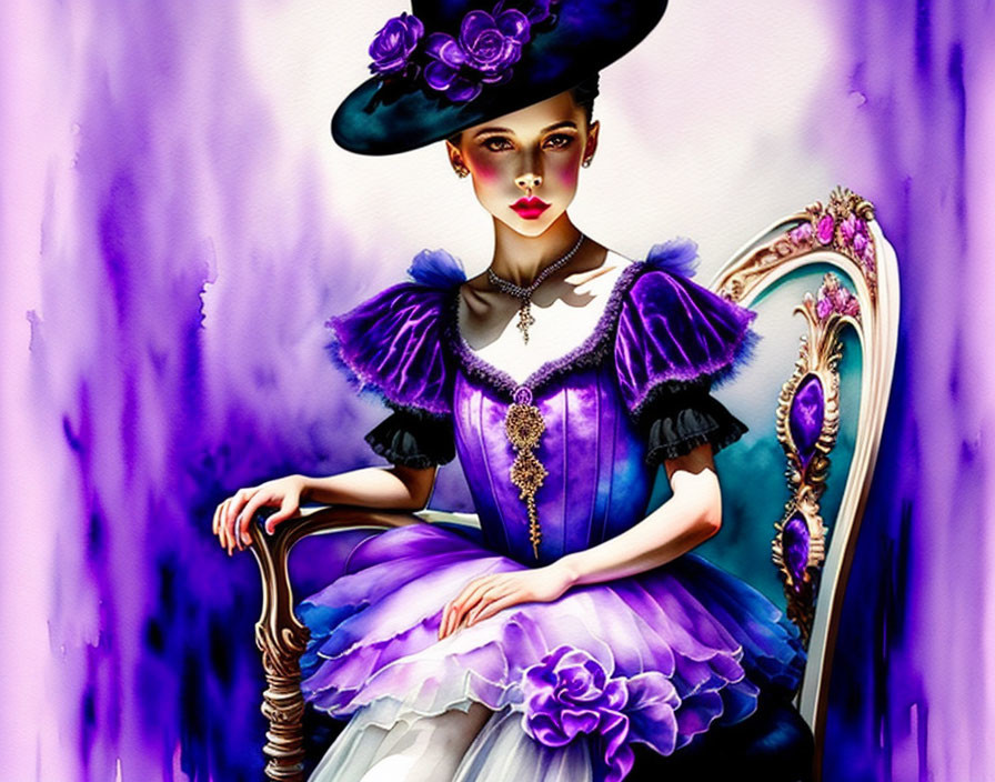 Vintage Purple Dress and Hat Illustration of Elegant Woman Sitting on Chair