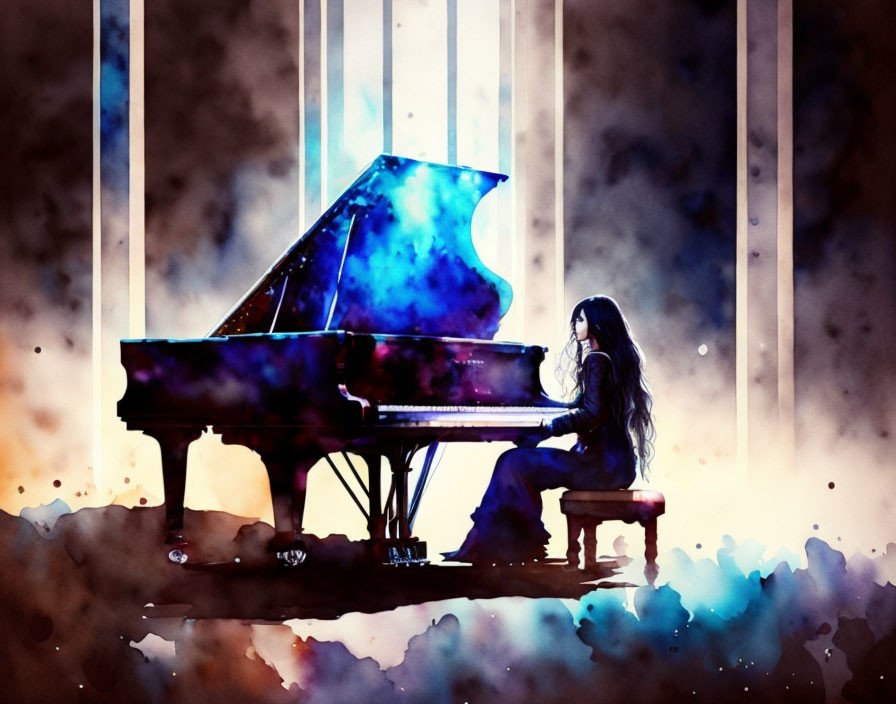 Long-haired person playing grand piano in colorful, smoky setting