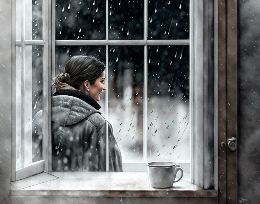 Woman in warm coat gazes at falling snow by window with mug