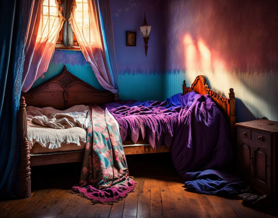 Vintage Bedroom with Wooden Bed, Colorful Blanket, Open Window, and Ambient Lighting