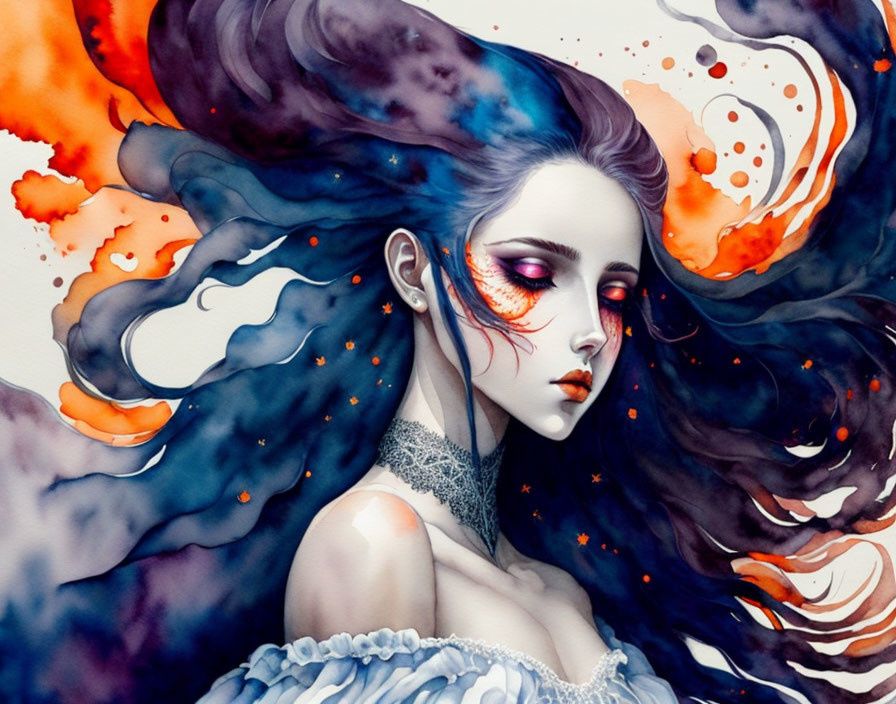 Dark-haired woman merging with cosmic backdrop in vivid reds and celestial motifs.