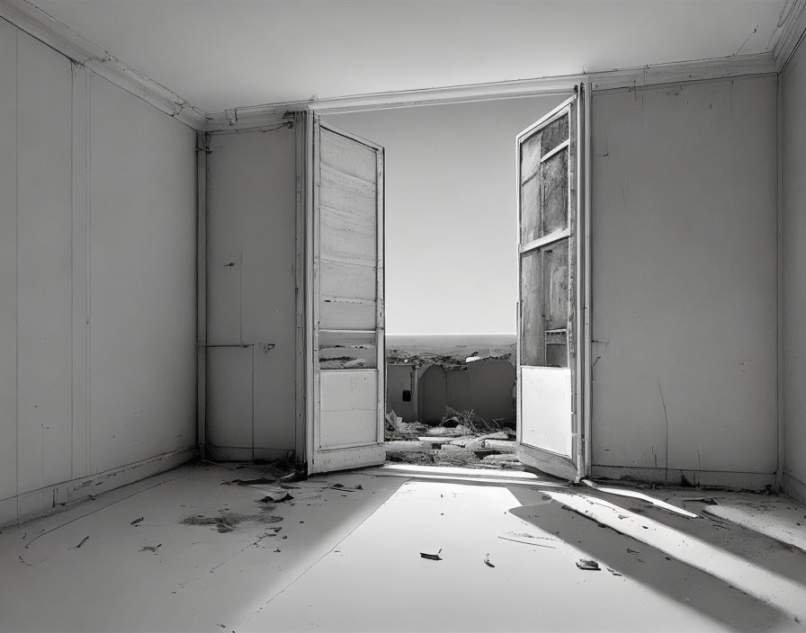 Desolate landscape seen through door in abandoned room