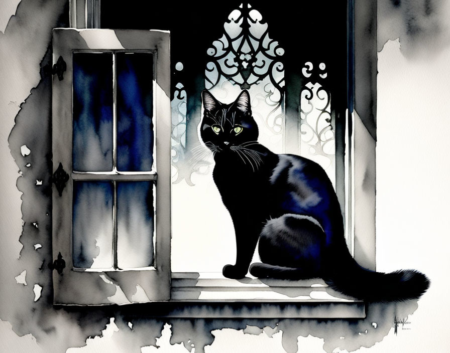 Black Cat with Yellow Eyes on Windowsill in Monochrome Watercolor