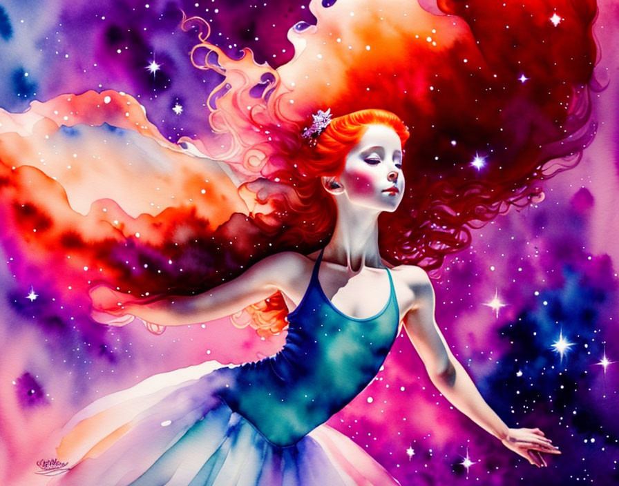 Vibrant illustration: Woman with red hair in blue dress on cosmic background