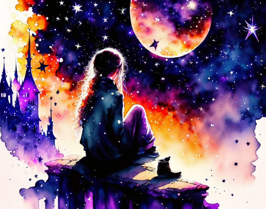 Long-haired person gazes at cosmic sky with stars, crescent moon, and castle silhouette