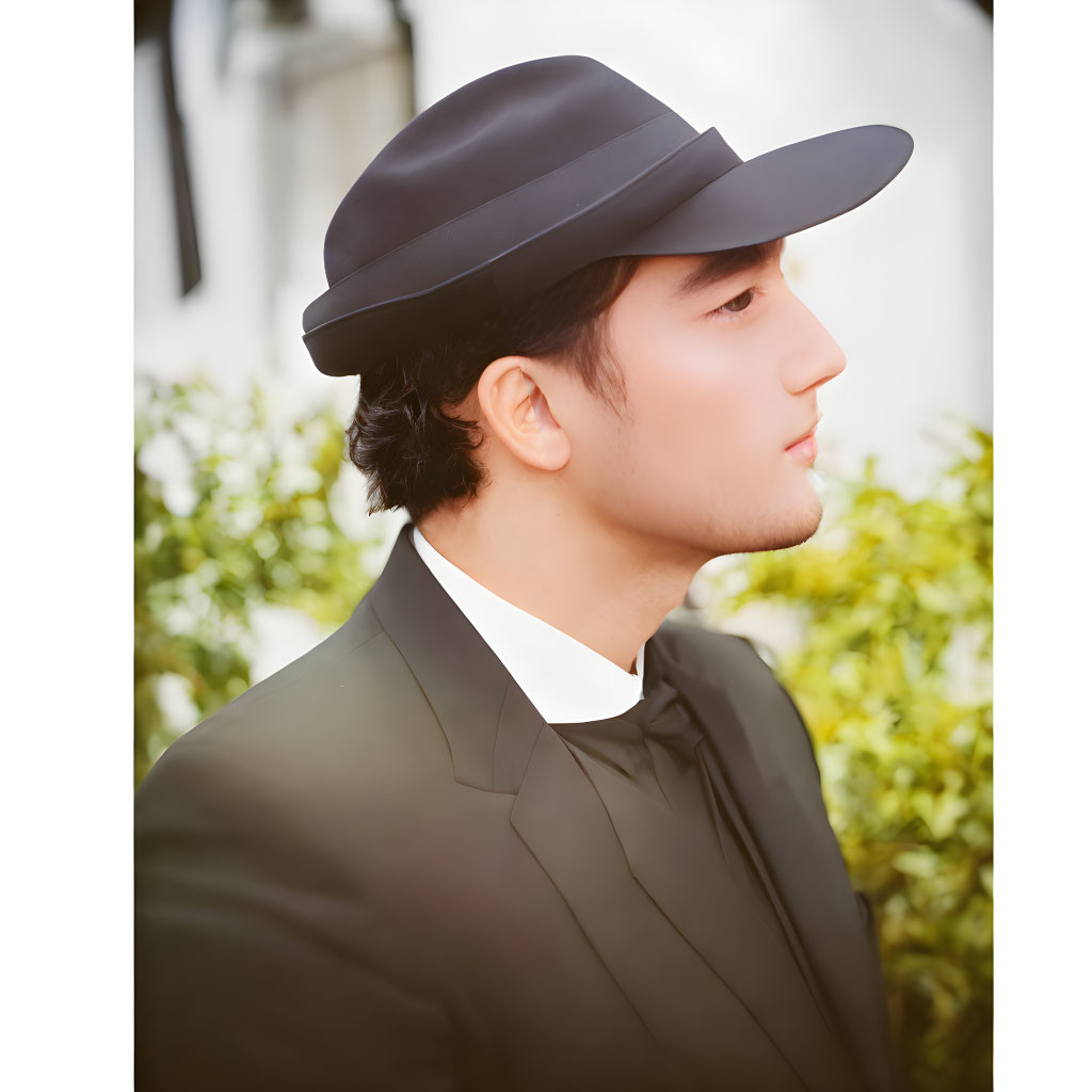 Man in Black Fedora and Suit Against Greenery Background