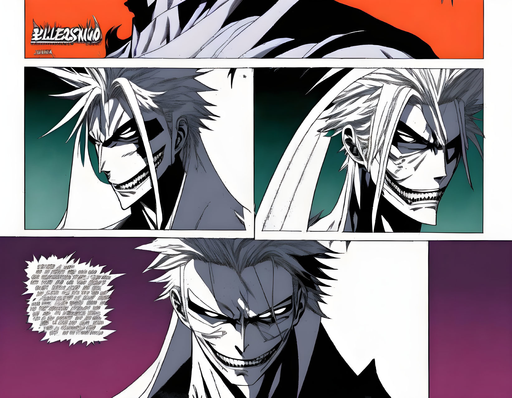 Spiky-haired male character with sharp teeth smirking on manga page