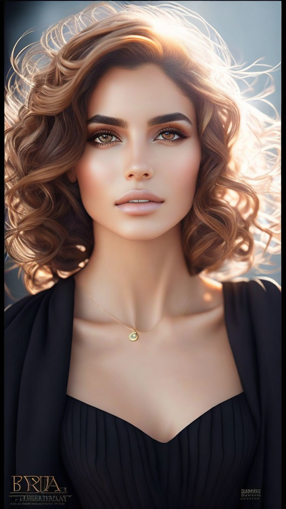 Curly Haired Woman in Black Dress with Brown Eyes