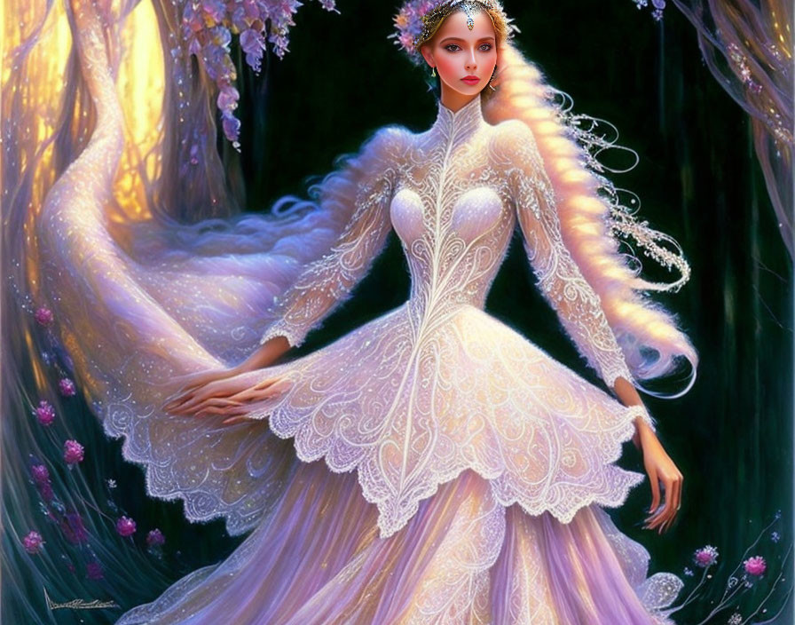 Ethereal woman in flowing white gown with lace details and pink blossoms