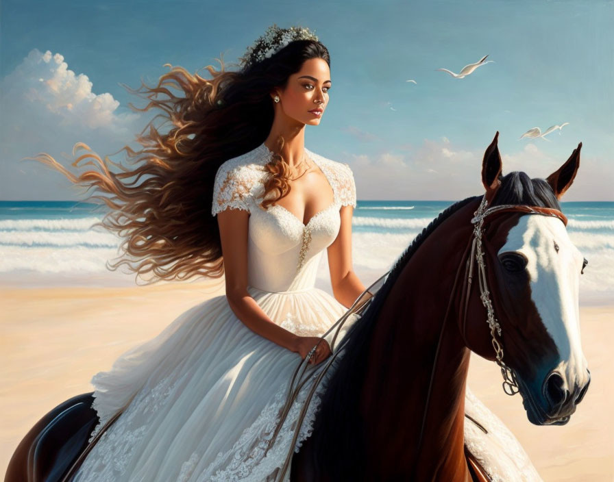 Bridal gown woman riding horse on beach with seagulls