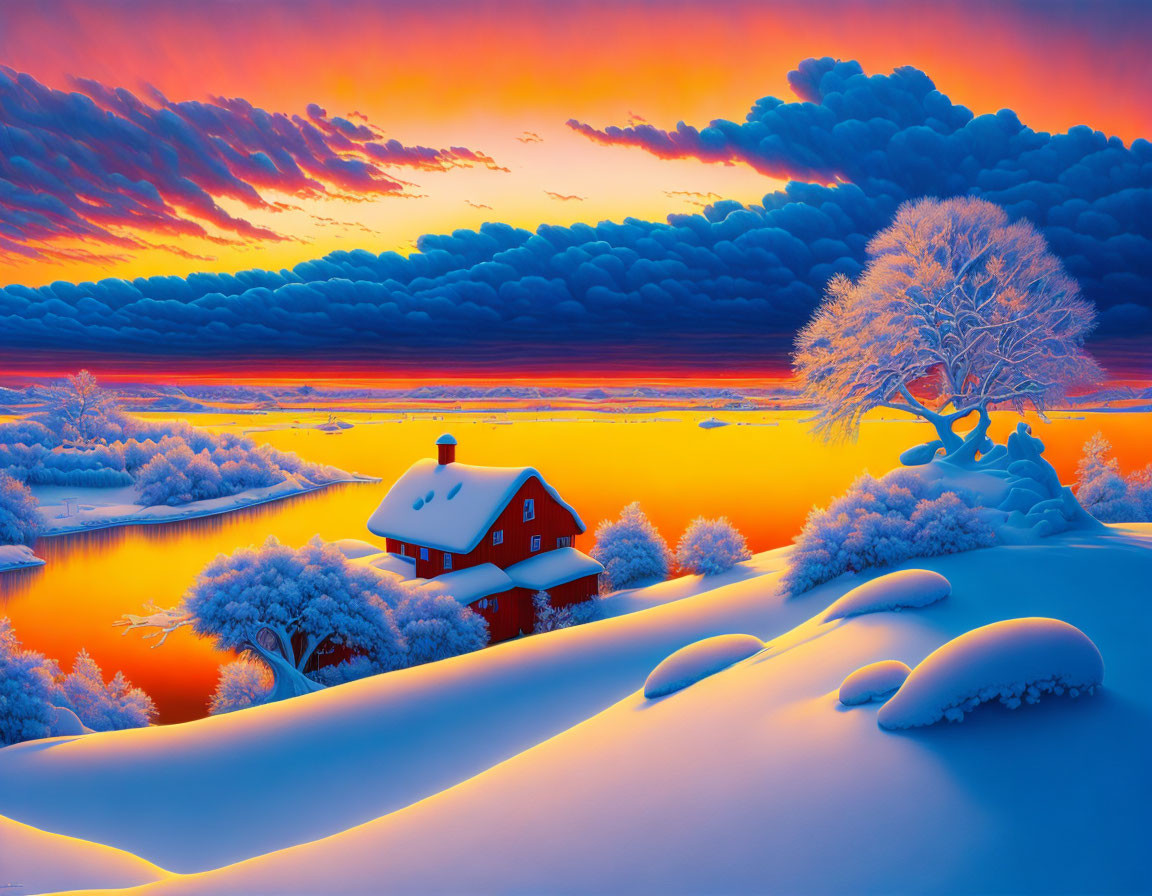 Scenic winter landscape with red-roofed house, snowy trees, river, and colorful sky