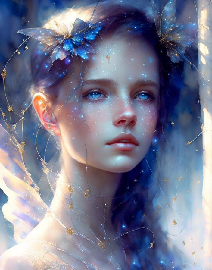 Digital artwork featuring girl with blue butterflies, stars, and dreamy gaze in forest.