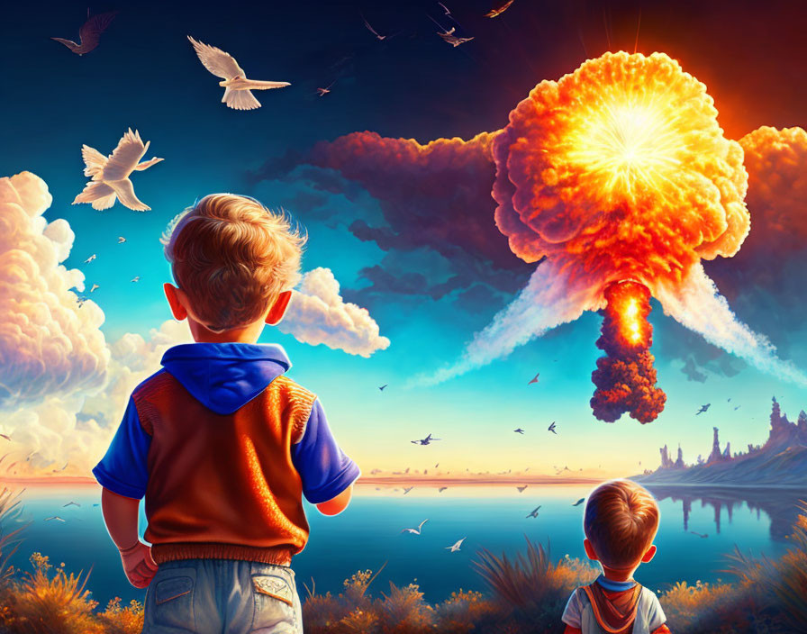 Children witness distant nuclear explosion near sea with birds and serene sky