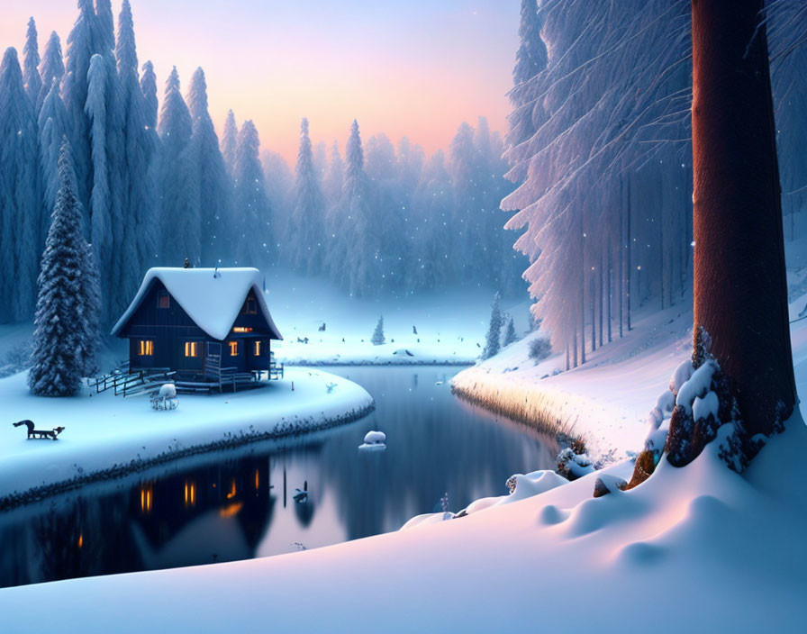 Snow-covered cabin by river in winter sunset