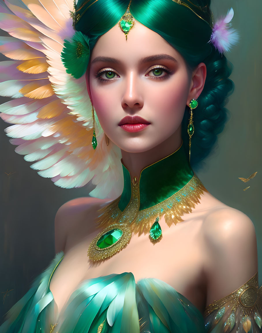 Digital artwork of a woman with angelic wings, emerald jewelry, and feathered headdress.