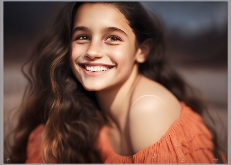 Young girl with long, wavy brown hair in orange top gazes away.