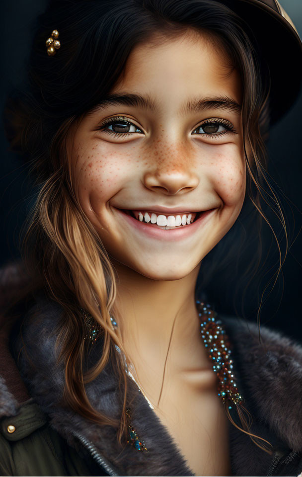 Young girl with freckles, wavy hair, and brown eyes in fur-lined jacket