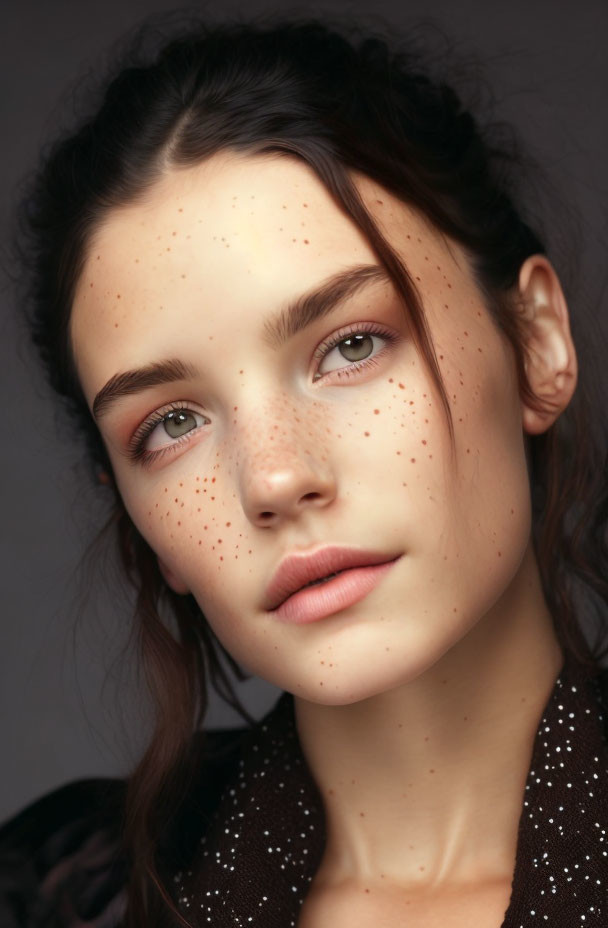 Portrait of young woman with freckles and brown hair