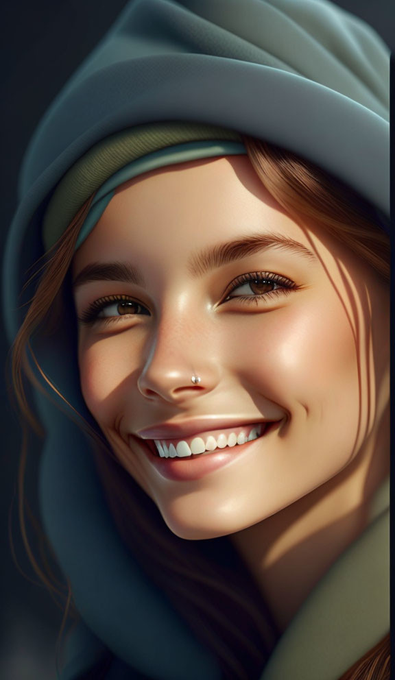 Smiling woman with nose ring in hood, warm lighting portrait