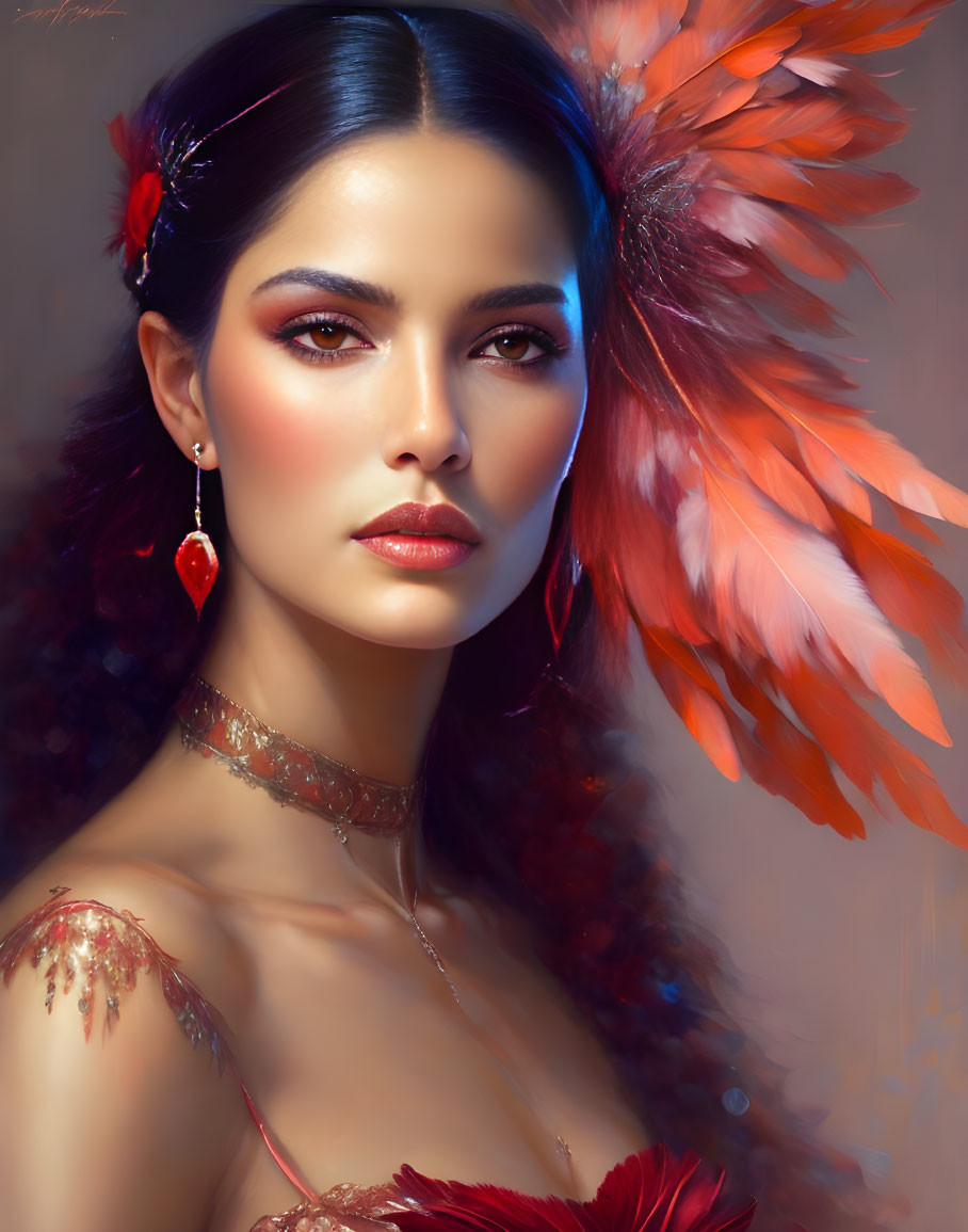 Portrait of a Woman with Dark Hair and Red Feather Accessory