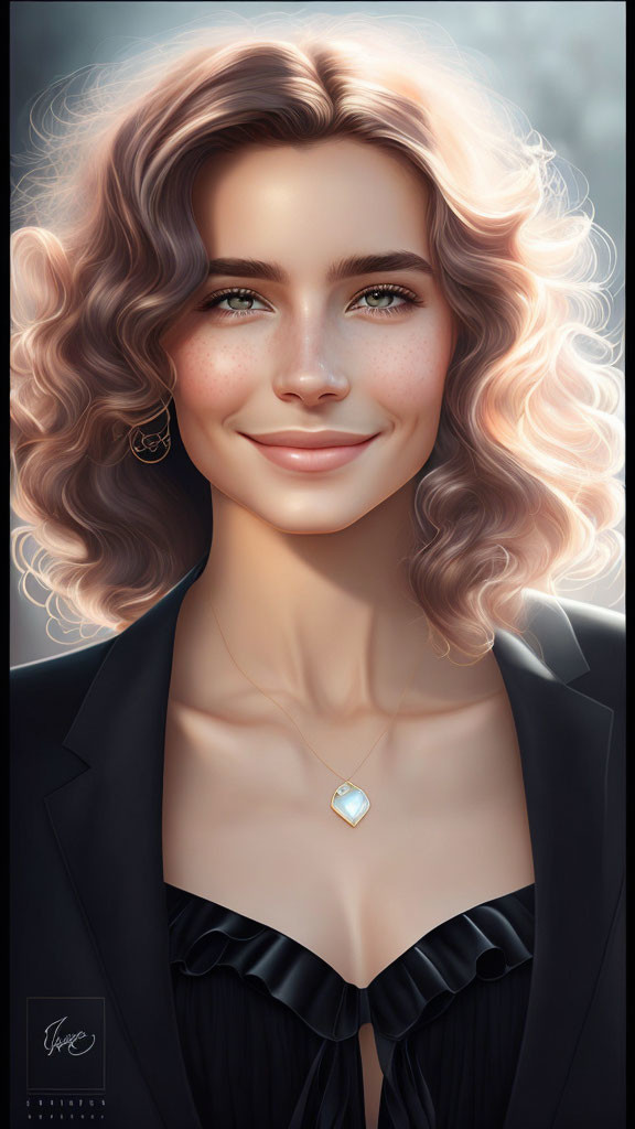 Smiling woman with wavy hair in black blazer and pendant necklace