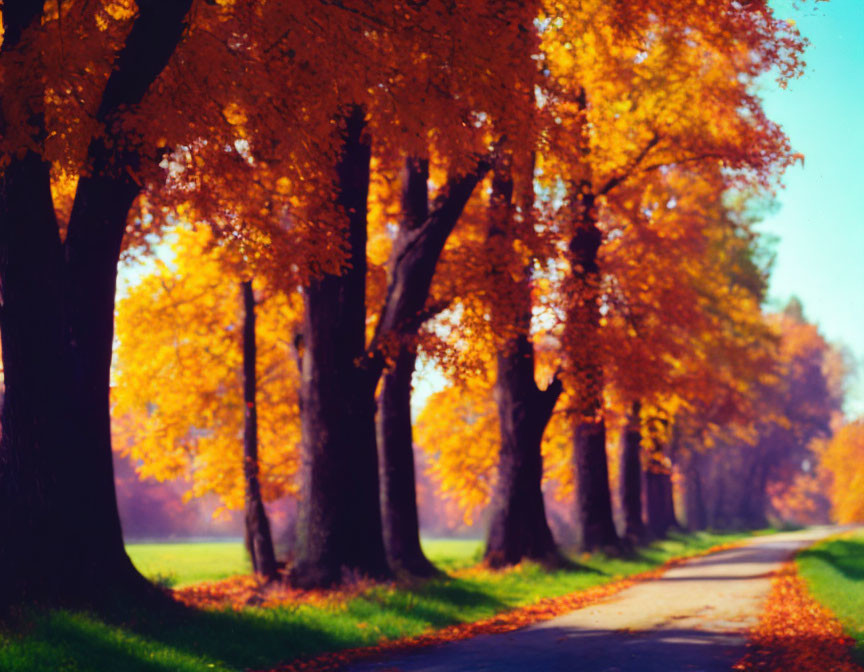 Autumnal scene: Path lined with vibrant orange and yellow leaves