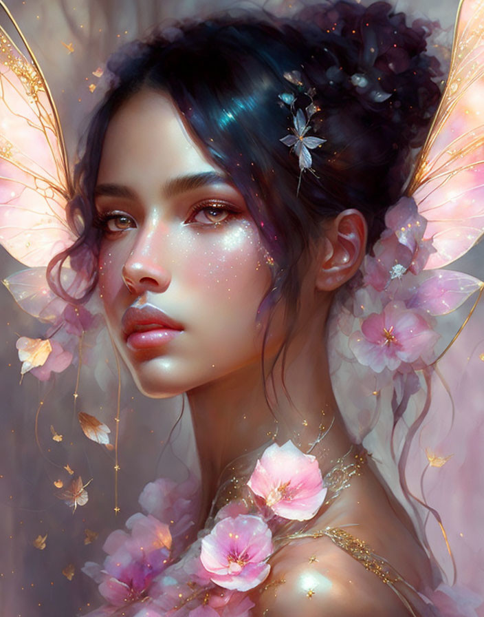 Fantasy illustration: Woman with luminous wings, flowers, and butterflies