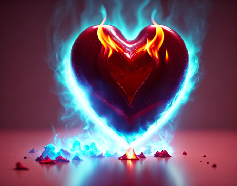 Fiery heart surrounded by blue flame on pink background