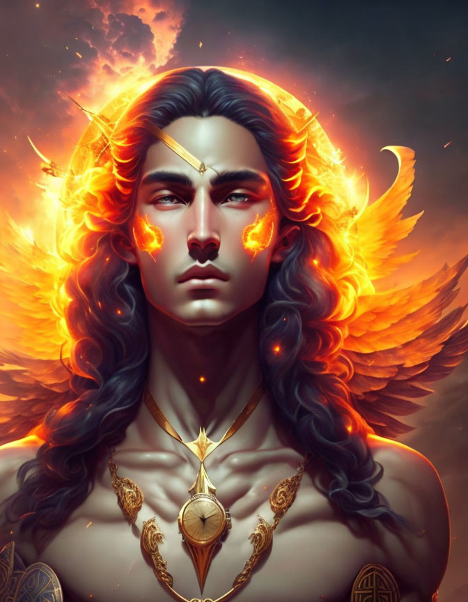 Male figure with glowing eyes, fiery aura, dark hair, and gold jewelry.