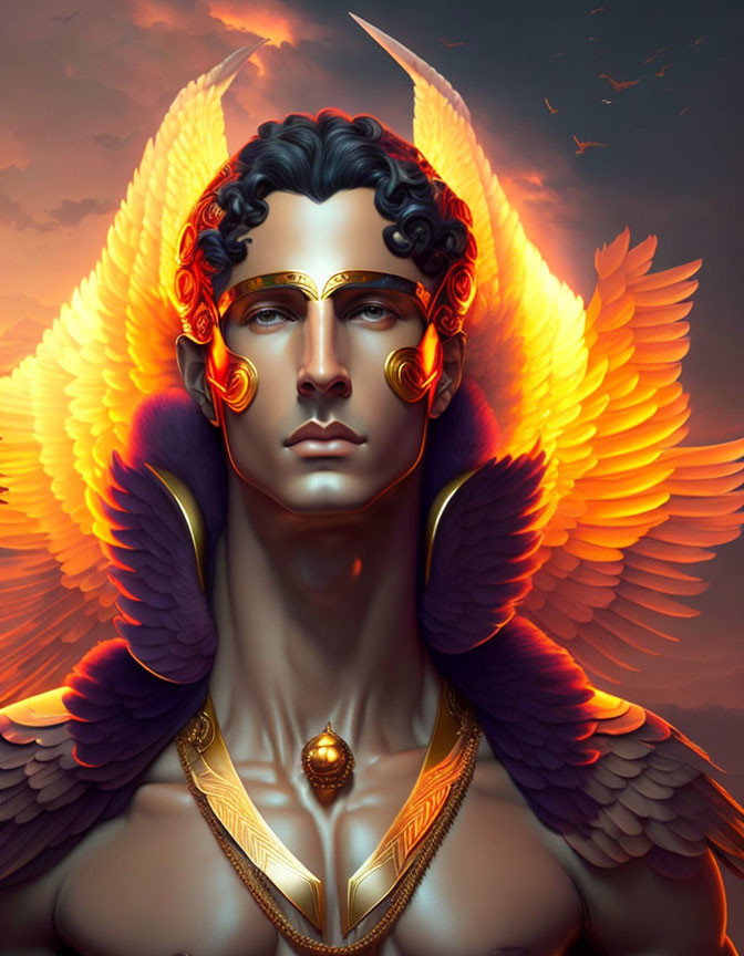 Golden-haired figure with ornate gold jewelry and fiery angelic wings