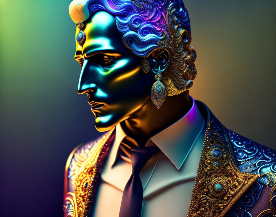 Stylized classical bust artwork with dual-toned lighting and intricate patterns