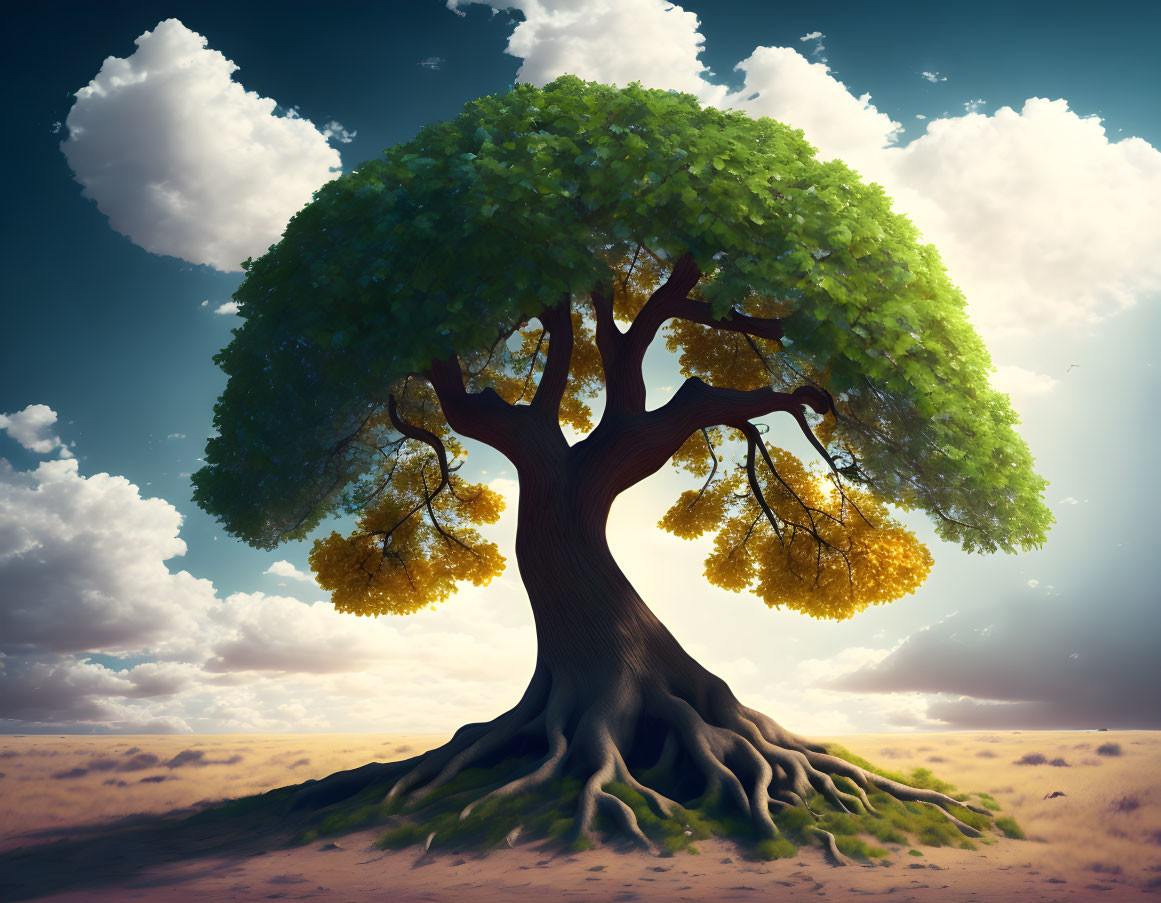 Majestic tree with green leaves on savanna under blue sky